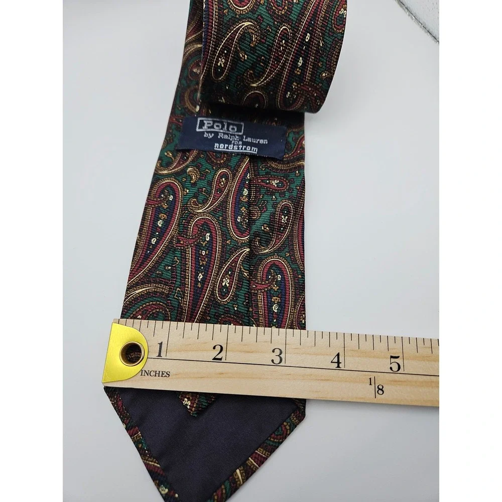Polo‎ Ralph Lauren Nordstrom Mens Silk Paisley Tie Green Burgundy Gold Hand Made